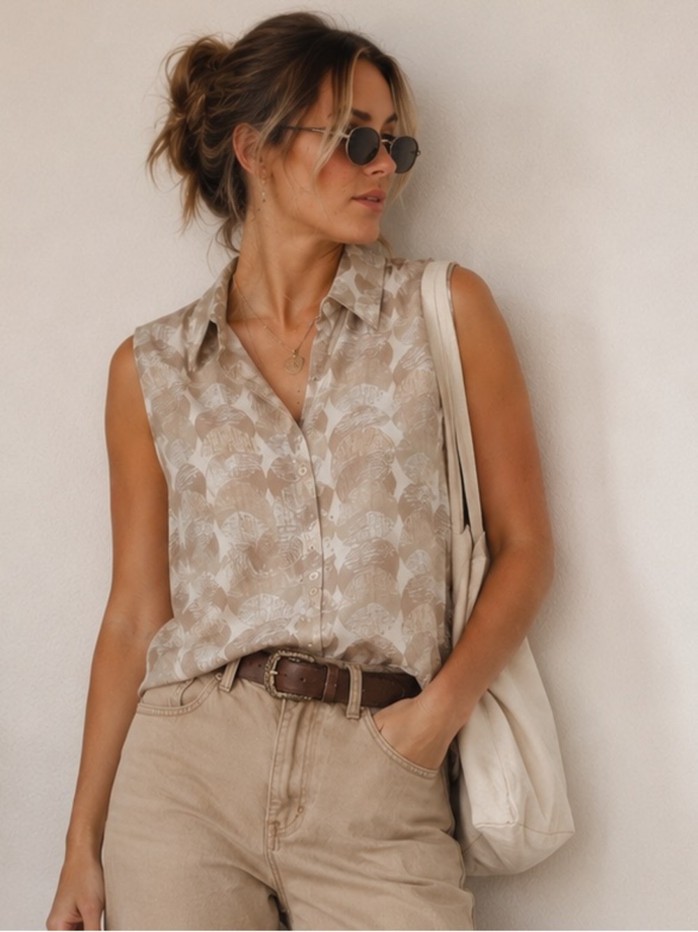 SIMPLY STYLED 90s Retro Vintage Sears Sleeveless neutral pattern tunic shirt